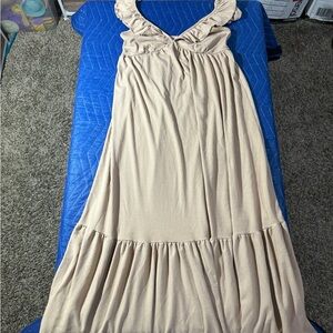 Caution to the Wind Tan Ribbed Knit Ruffle Maxi Dress - Boho Cottagecore